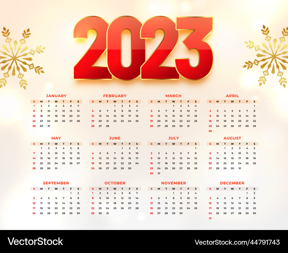 2023 new year calendar template with snowflake 2023 new year calendar template with snowflake vector image