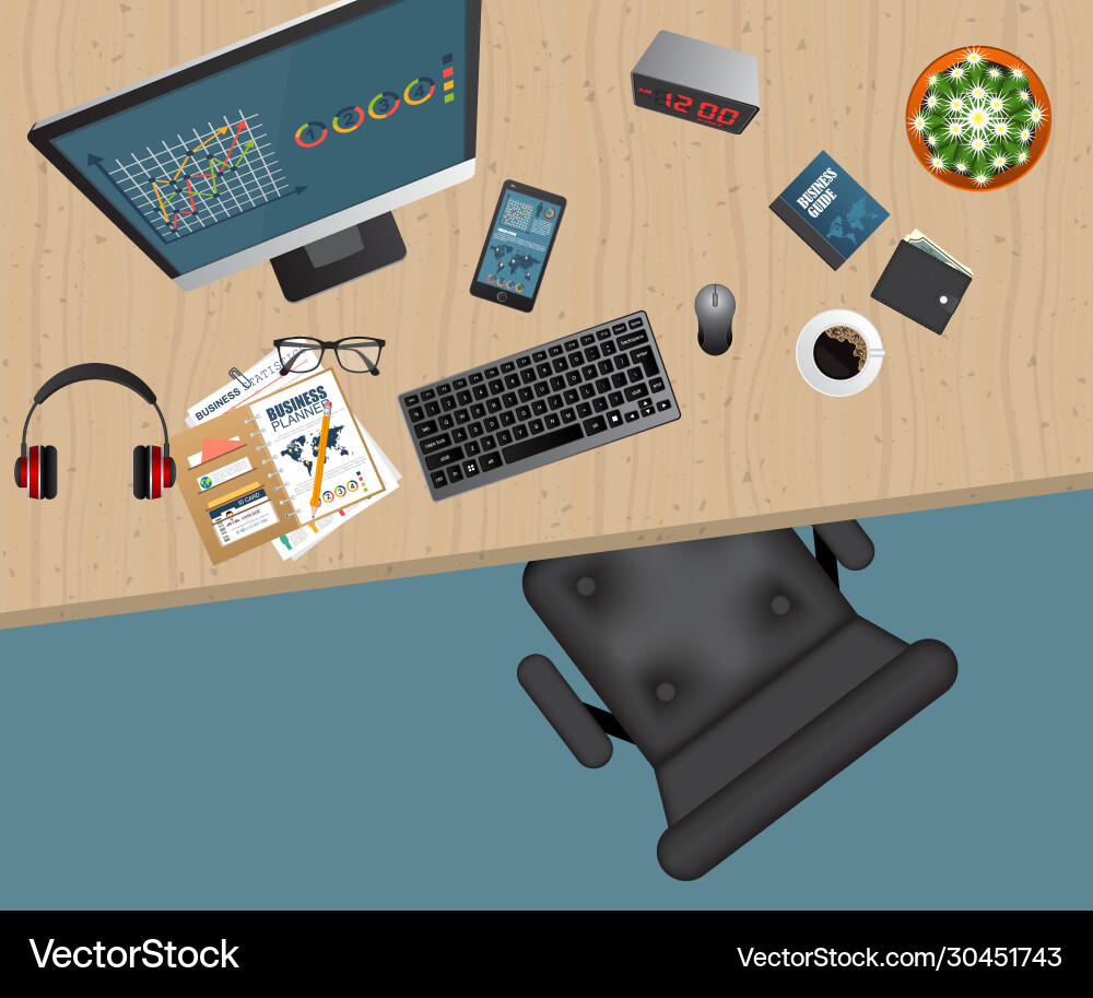 Business workspace top view office objects Business workspace top view office objects vector image