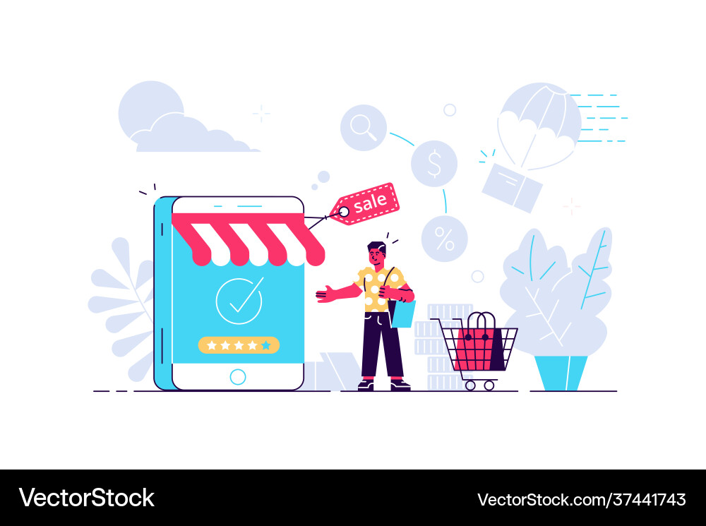 Man with store shaped smartphone model Vector Image