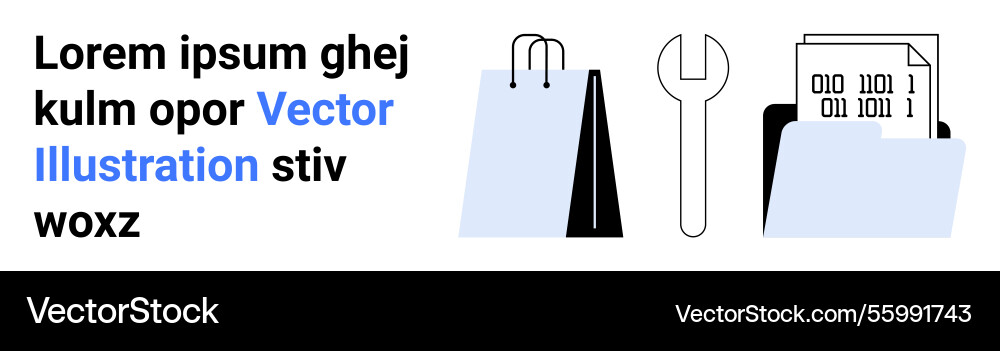 Shopping bags a wrench and folder with binary Shopping bags a wrench and folder with binary vector image