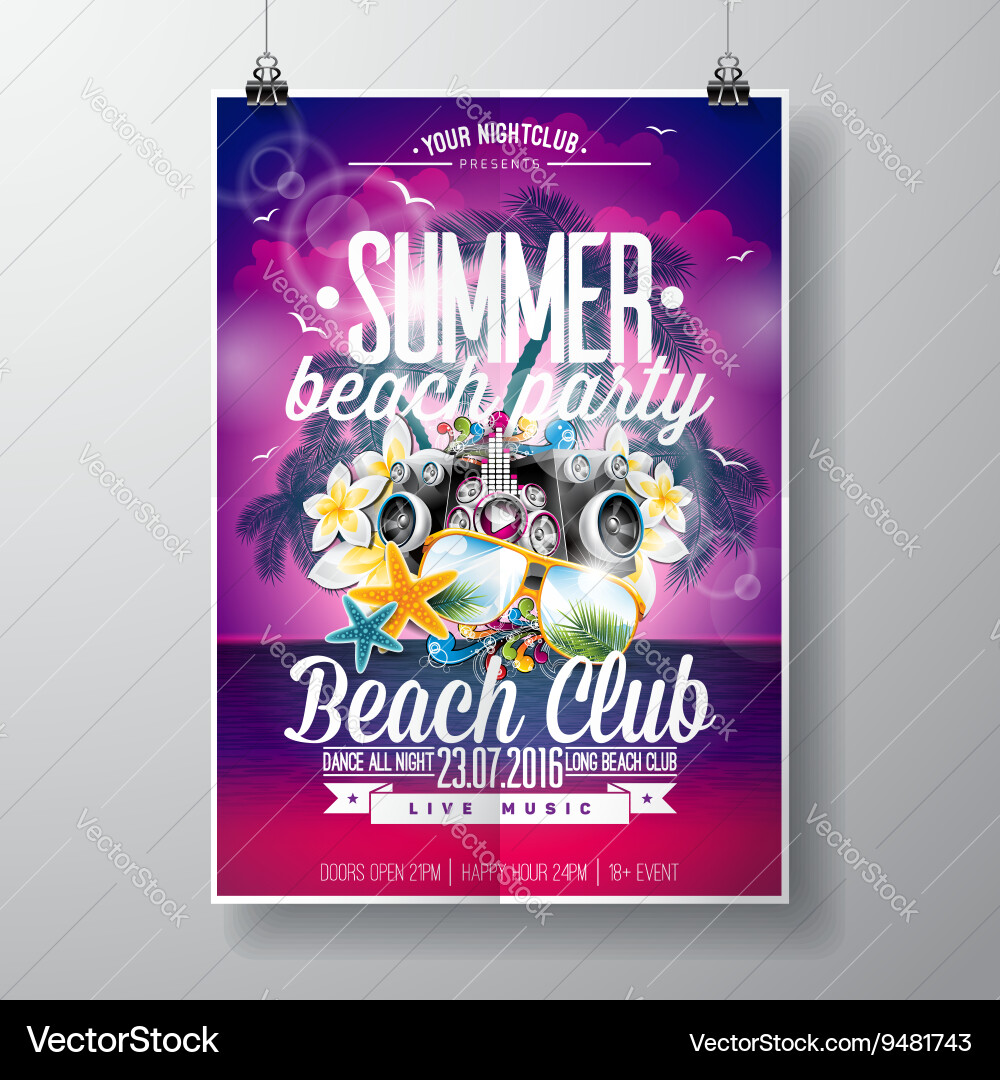 Summer Beach Party Flyer - Music & Ocean Vector Image