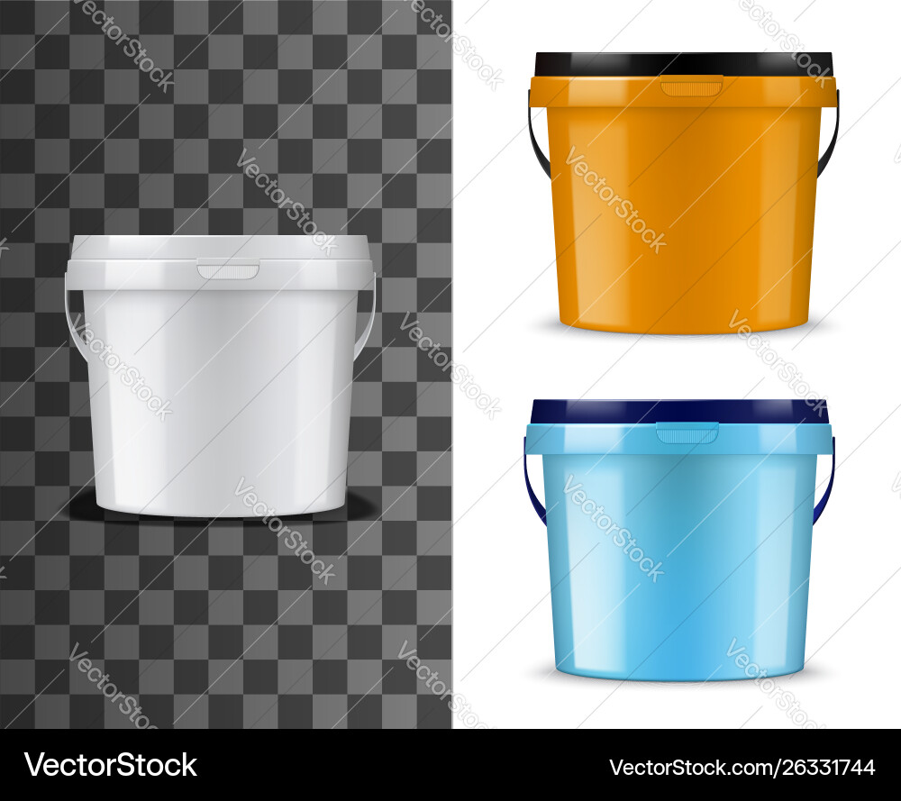Bucket mockups white orange blue pails and lids Bucket mockups white orange blue pails and lids vector image