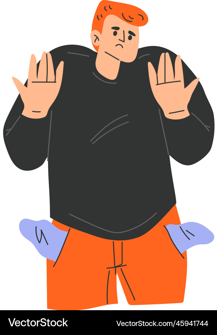 Poor man character with empty pockets standing Poor man character with empty pockets standing vector image