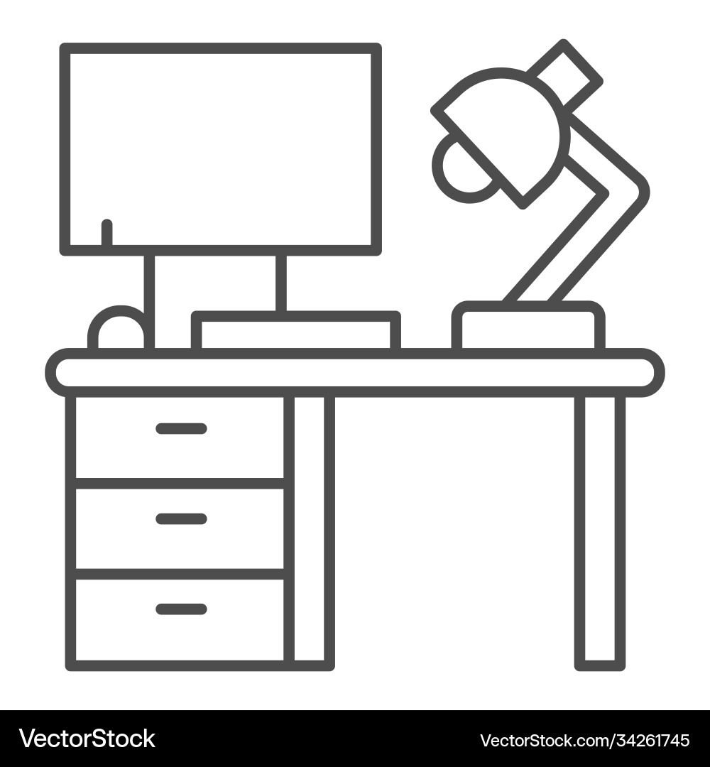Computer with lamp and desk thin line icon Computer with lamp and desk thin line icon vector image