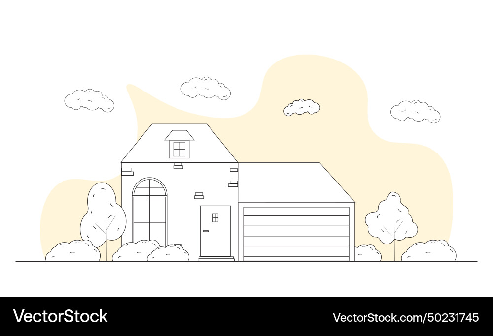House with trees in doodle style linear simple House with trees in doodle style linear simple vector image