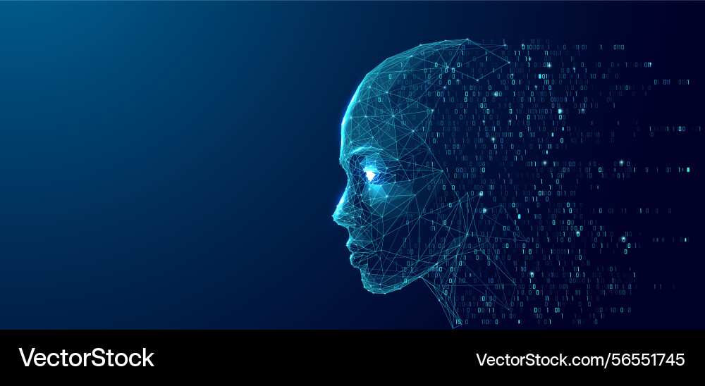 Low poly wireframe human face flows into binary Vector Image