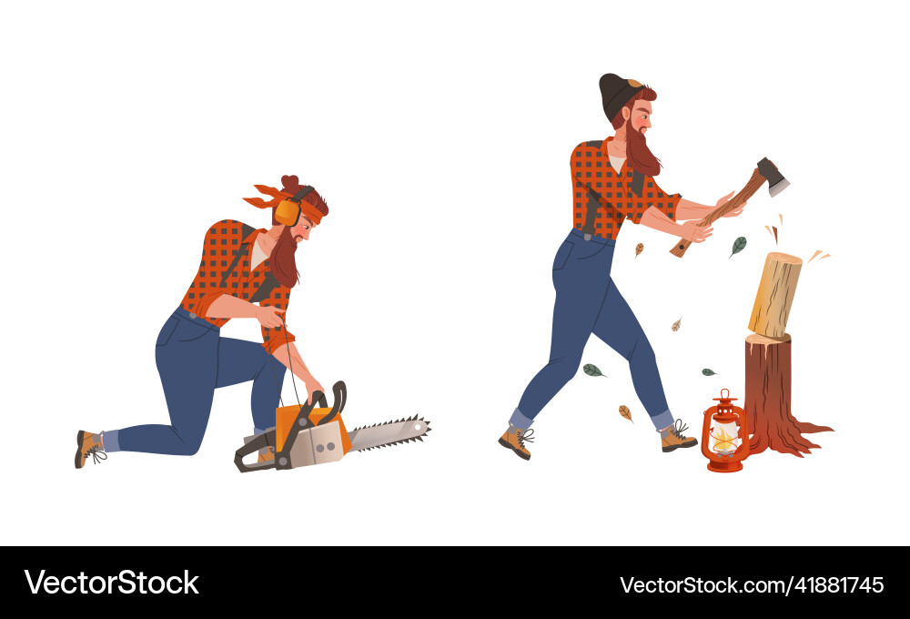 Lumberjack Cutting Trees - Logging Set Vector Image