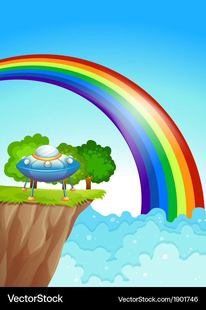 Alien Spaceship on Cliff with Rainbow Vector Image