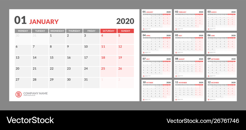 Calendar for 2020 new year in clean minimal table vector image