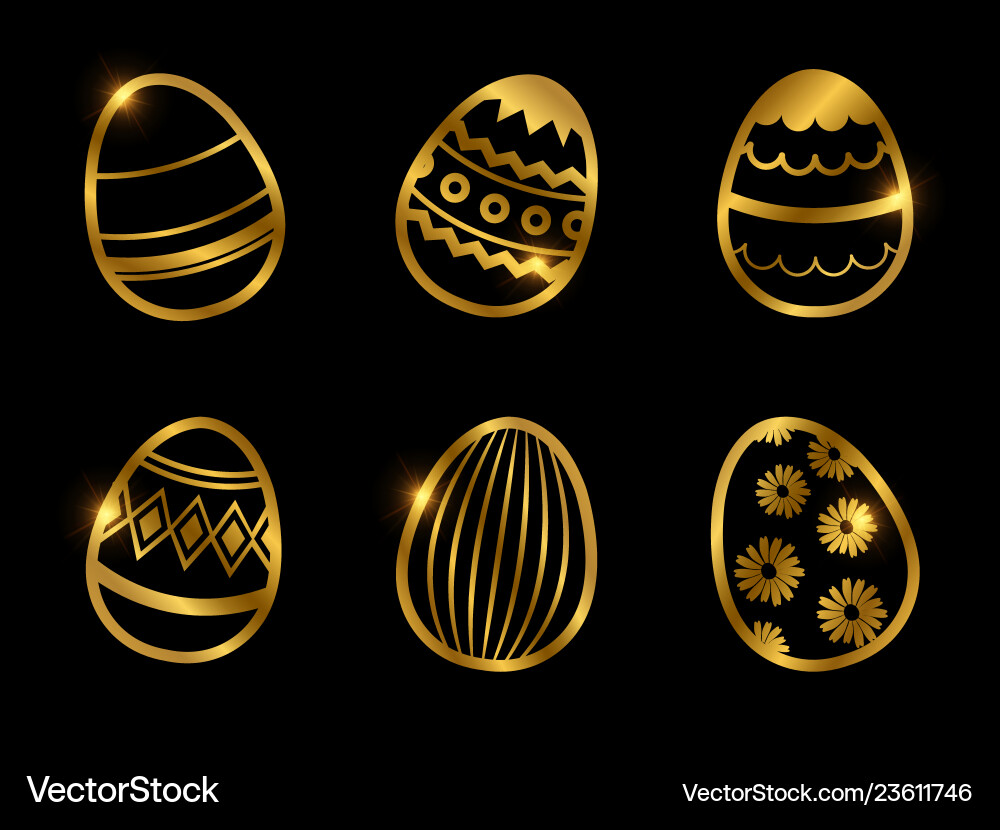 Golden decorative eggs icons isolated on black Golden decorative eggs icons isolated on black vector image