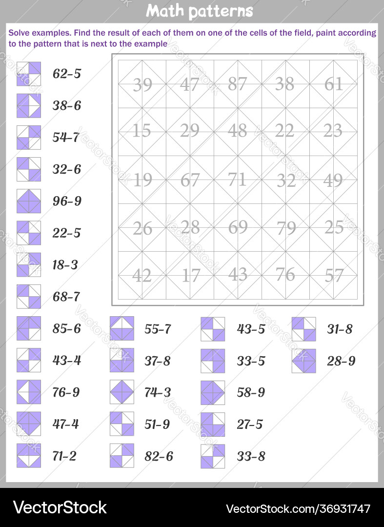 Mathematical patterns worksheet solve examples Mathematical patterns worksheet solve examples Vector Image