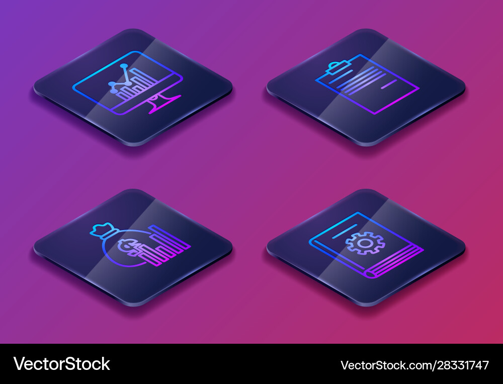 Set isometric line computer monitor with graph Set isometric line computer monitor with graph vector image
