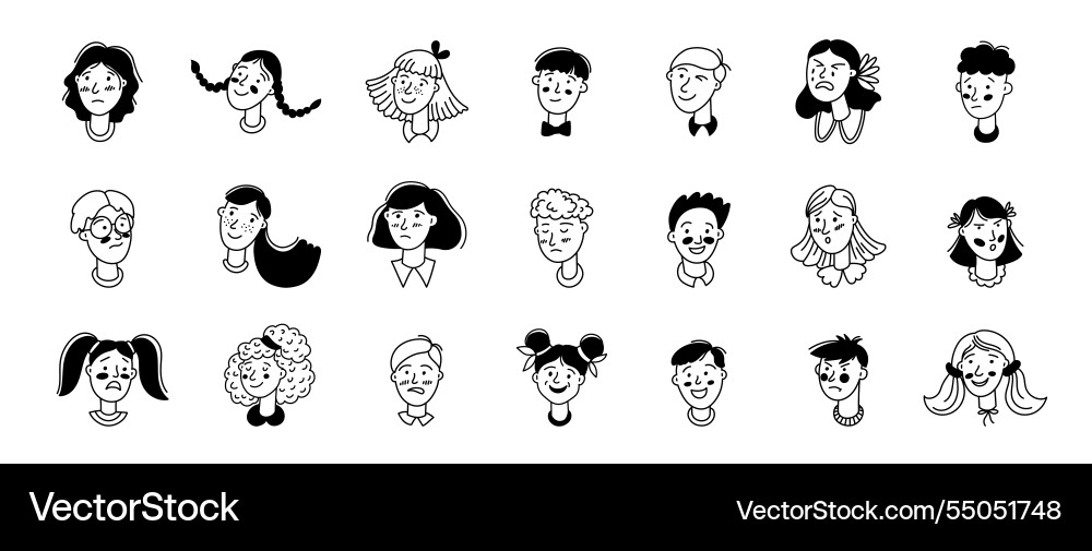 Doodle kids heads cartoon hand drawn boy and girl Doodle kids heads cartoon hand drawn boy and girl vector image