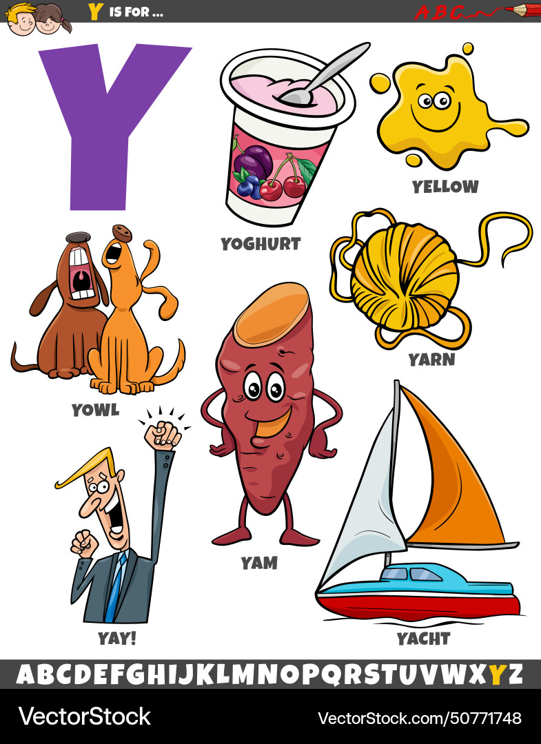 Letter y set with cartoon objects and characters Vector Image