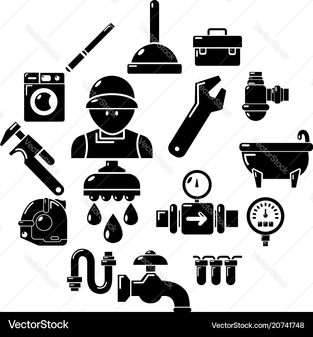Plumber symbols icons set simple style Plumber symbols icons set simple style Vector Image
