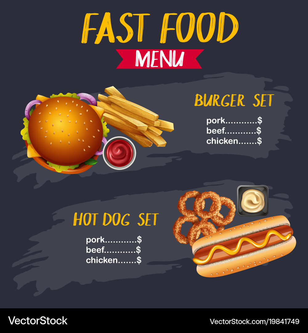 Different types of fastfood on menu Vector Image