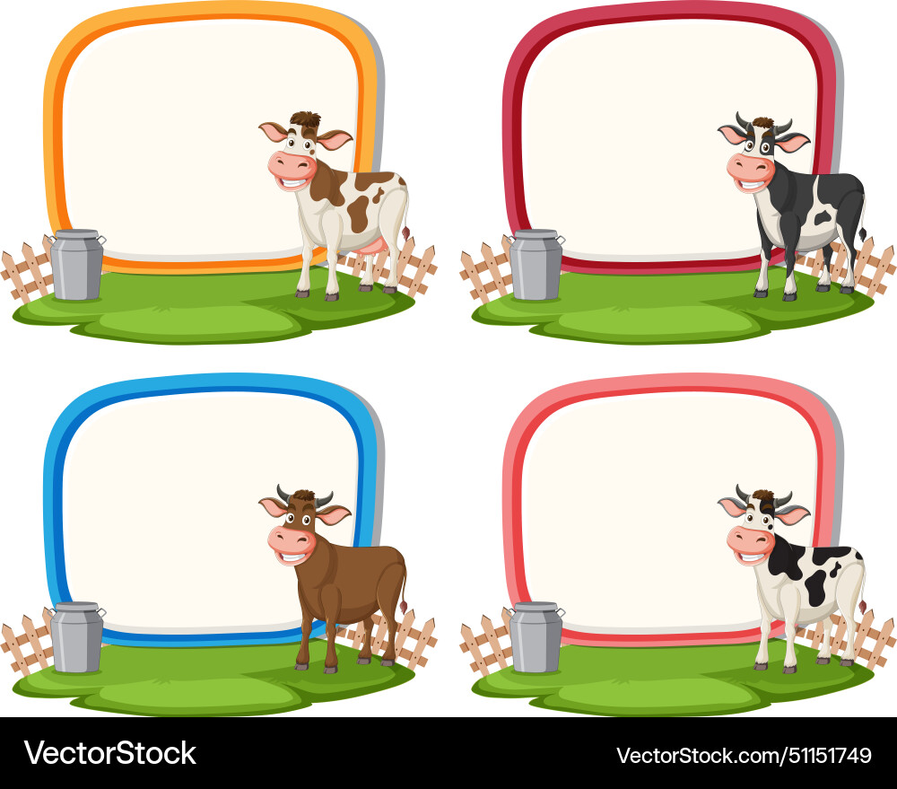 Four cows with colorful frames and buckets Vector Image