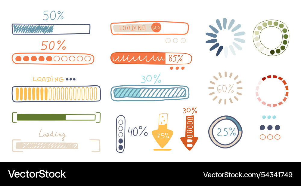 Hand drawn loading bar arrows and round progress vector image