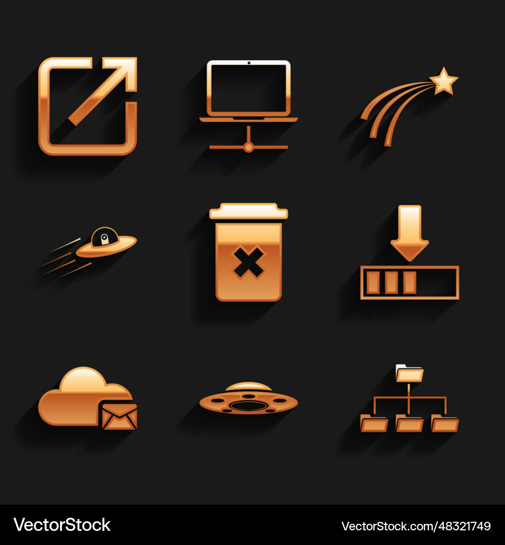Set trash can ufo flying spaceship folder tree vector image