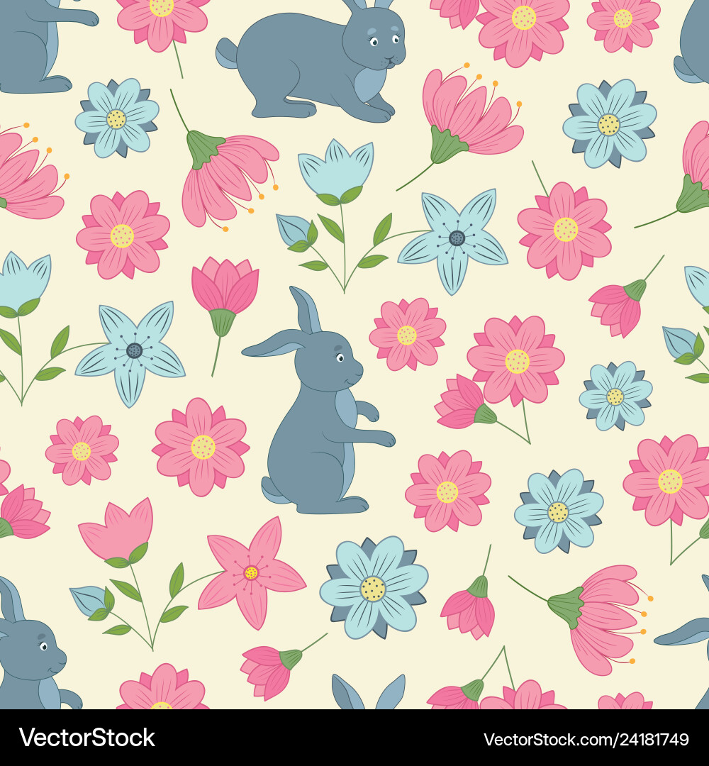 Spring seamless pattern with flowers and rabbits Spring seamless pattern with flowers and rabbits vector image