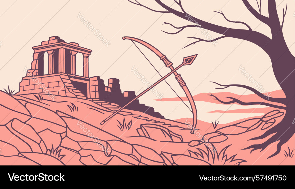 Barren tree with bow and arrow in abstract sunset vector image