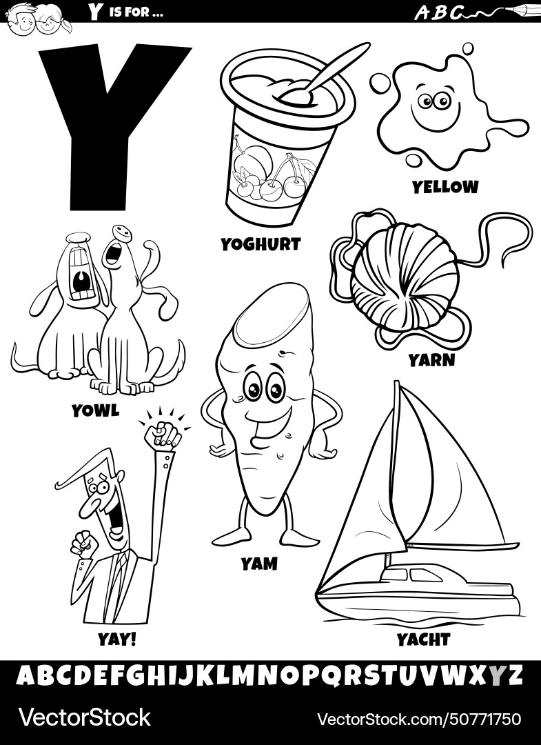 Letter y set with cartoon objects and characters Vector Image