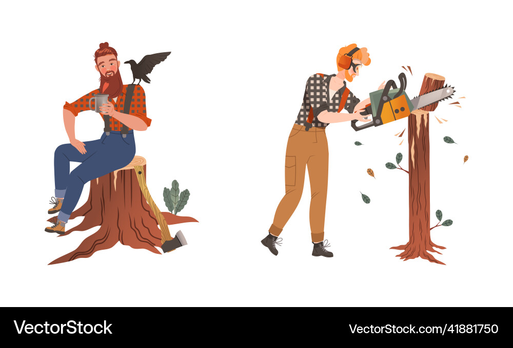 Lumberjack sawing trees with chainsaw set logging Lumberjack sawing trees with chainsaw set logging Vector Image