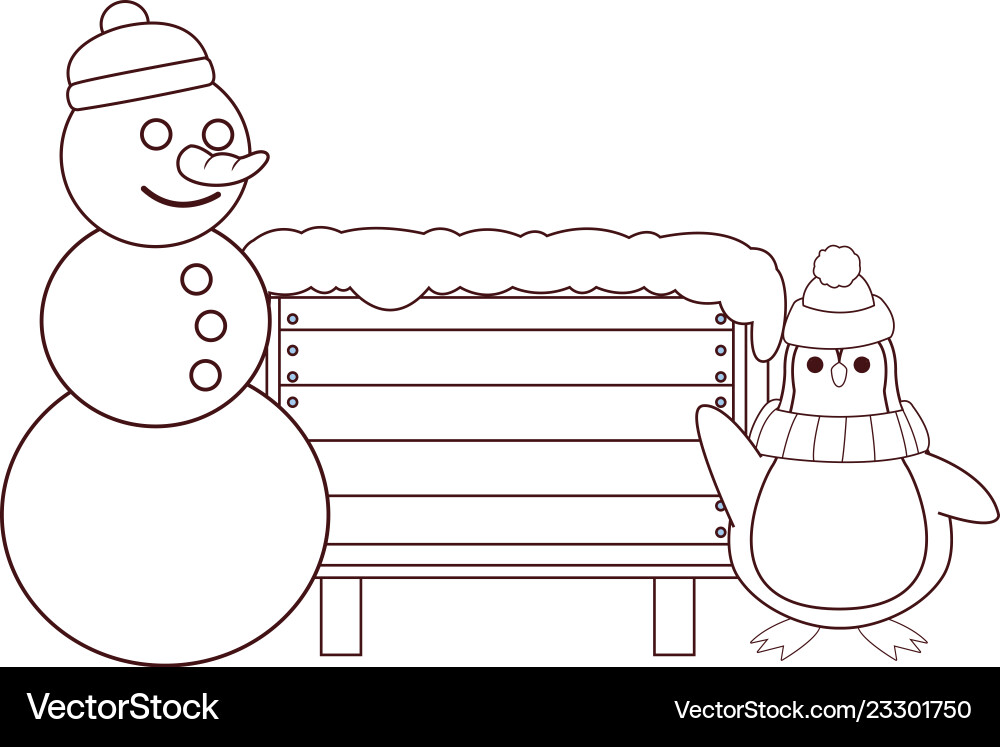 Schneemann und Pinguin mit leerem Holzschild braun Schneemann und Pinguin mit leerem Holzschild braun vektorbild