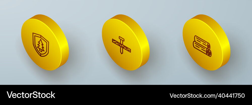 Set isometric line shield with tree metallic nail Set isometric line shield with tree metallic nail vector image