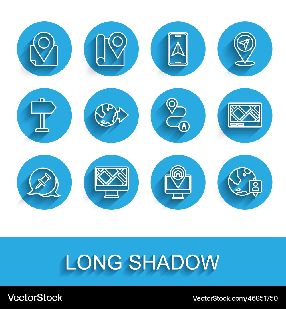 Set line push pin monitor with map location Set line push pin monitor with map location vector image