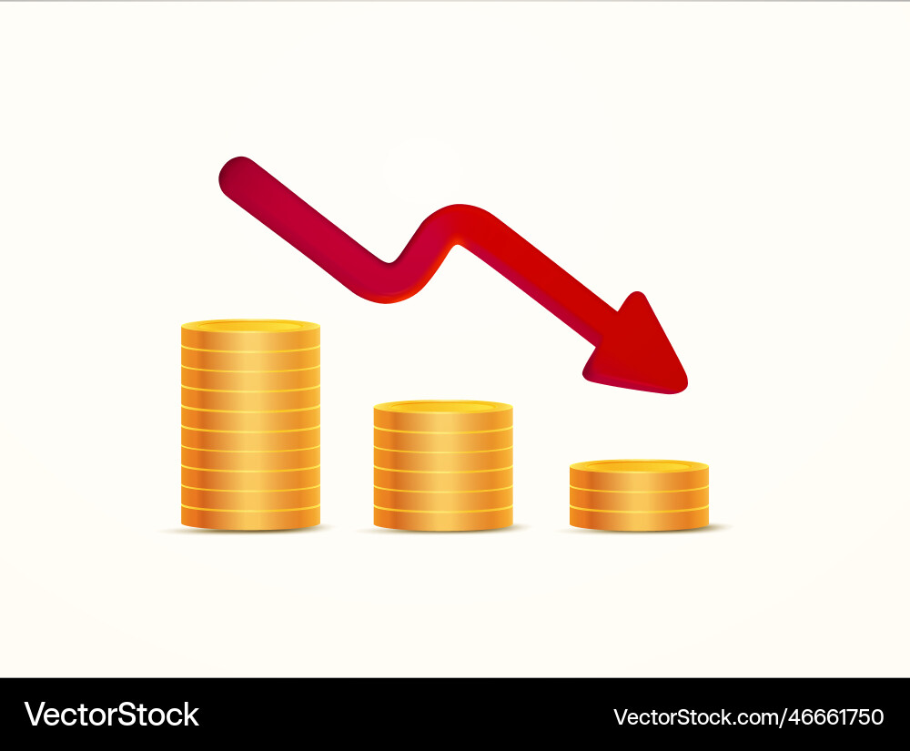 Stacks of golden coins and red arrow down isolated Stacks of golden coins and red arrow down isolated vector image