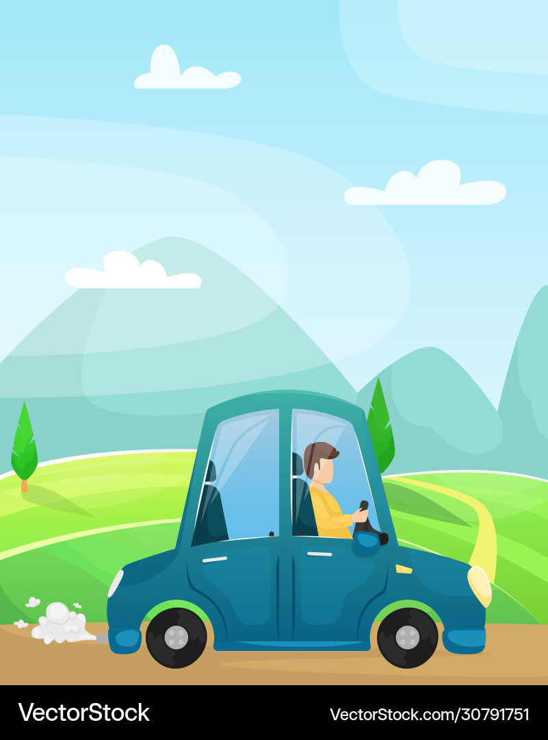 A man driving blue cartoon car country trips A man driving blue cartoon car country trips vector image