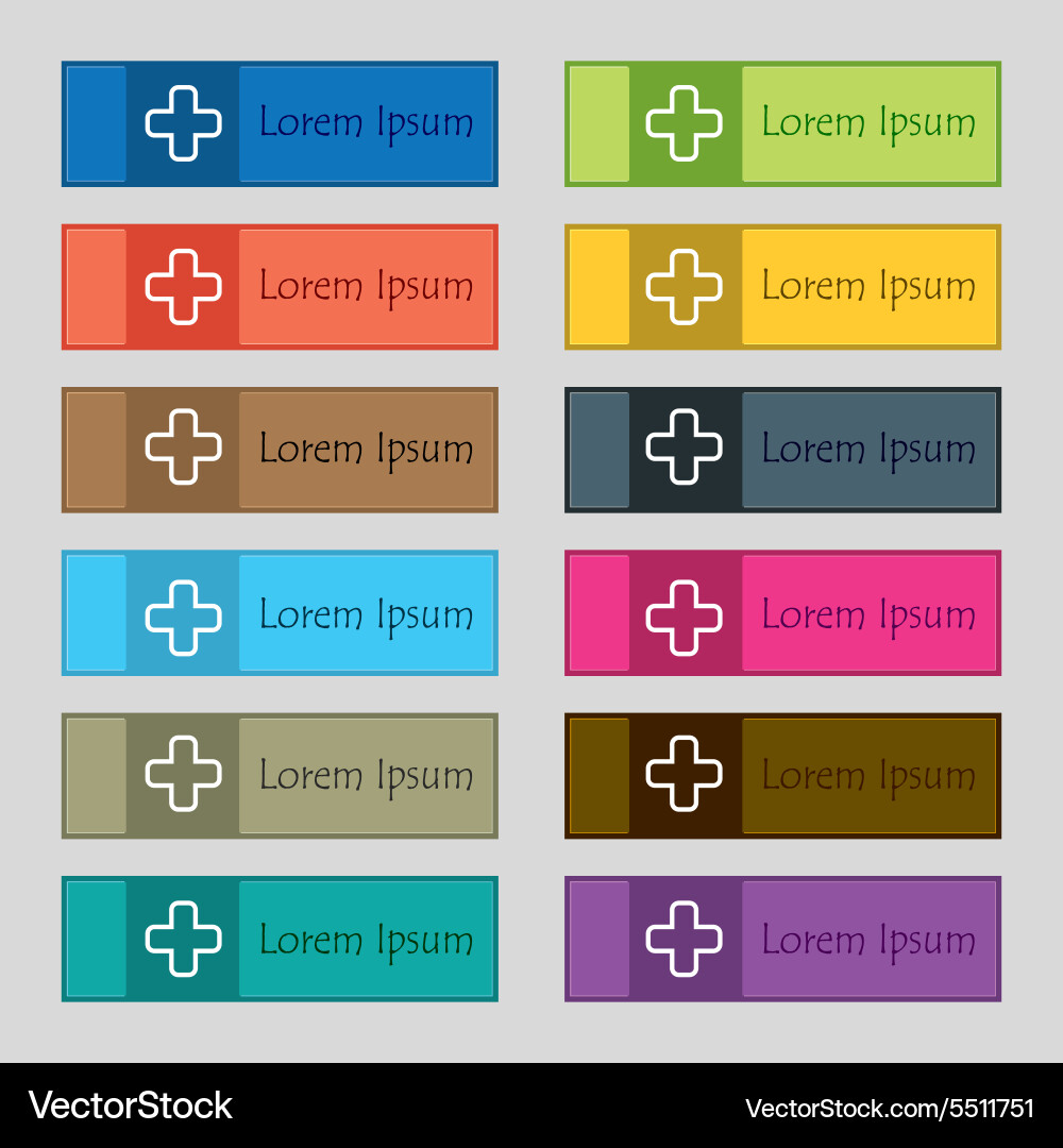 Plus icon sign set of twelve rectangular colorful vector image