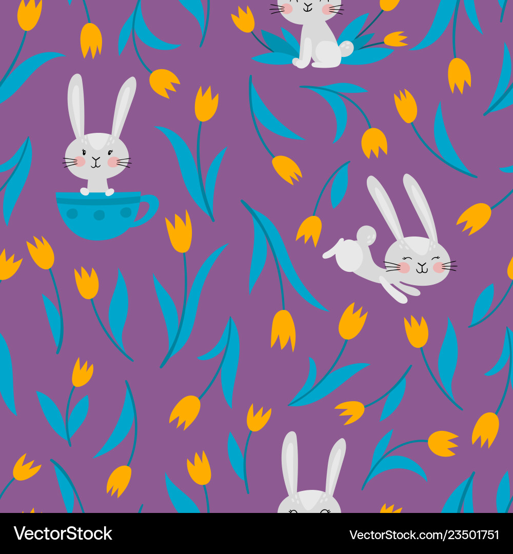 Seamless pattern with rabbits and tulips Vector Image