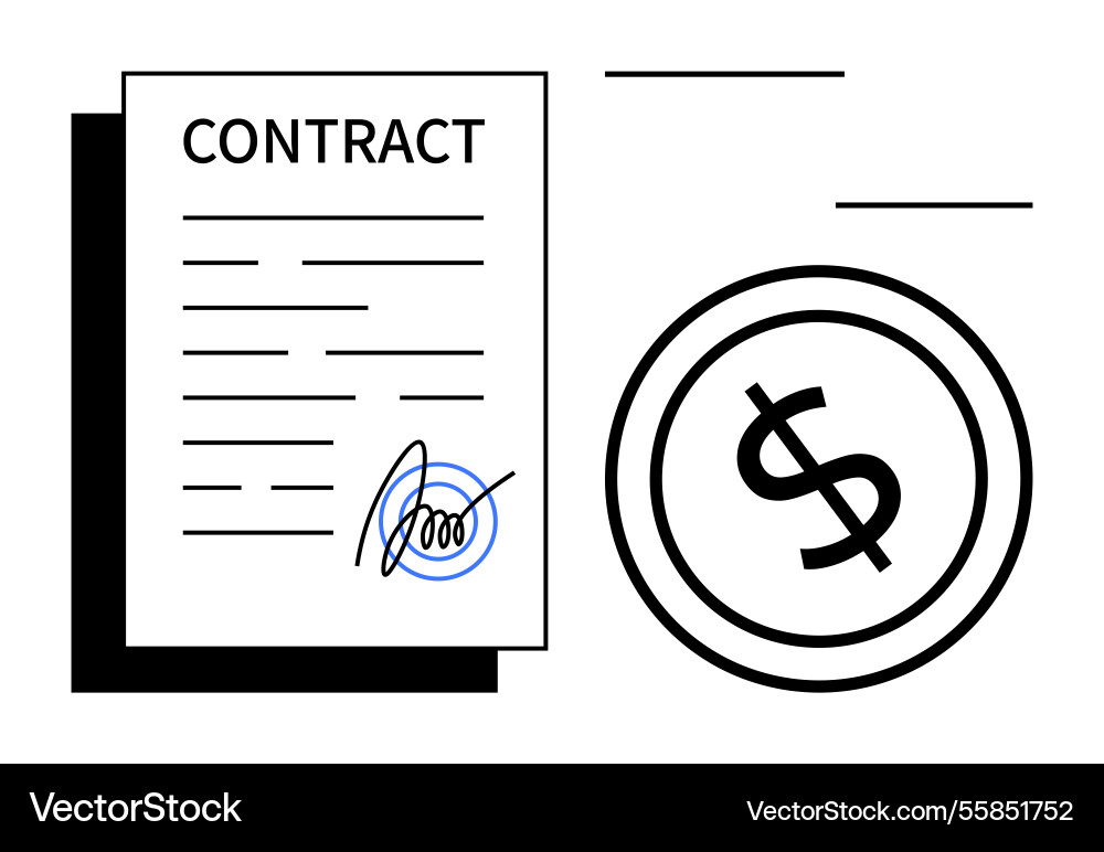Contract document with signature and dollar coin Contract document with signature and dollar coin Vector Image