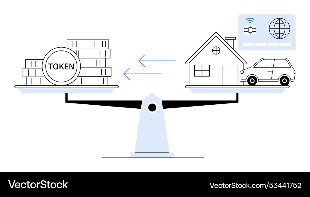 Digital tokens balancing real-world assets like Digital tokens balancing real-world assets like vector image