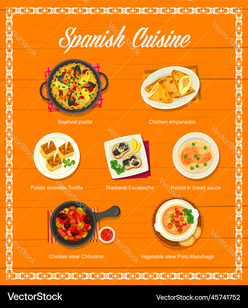 Spanische Speisekarte Kurküche Restaurant Gerichte Vektorbild