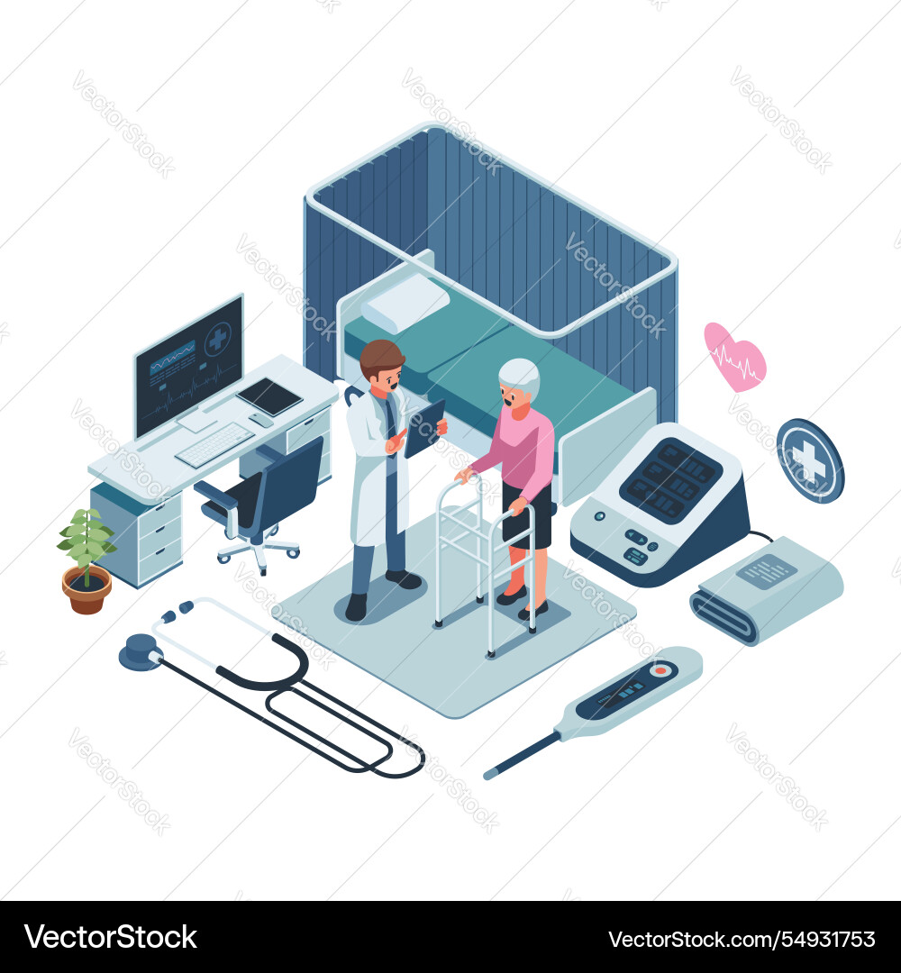 Isometric doctor assisting an elderly patient Isometric doctor assisting an elderly patient vector image