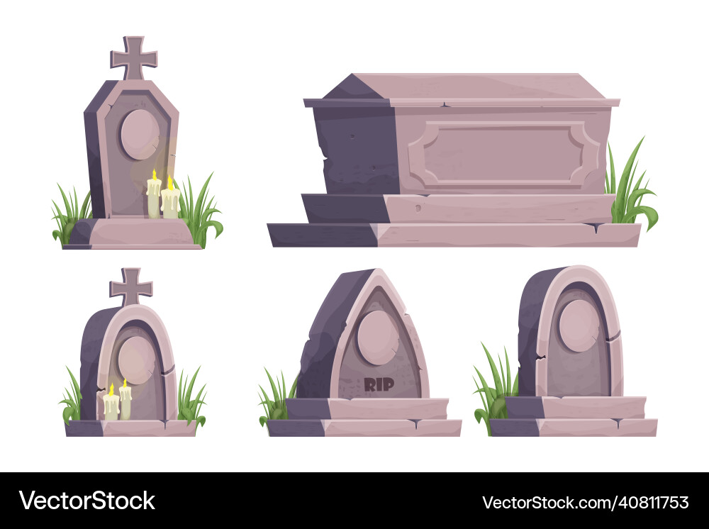Set stone grave memorial with grass and candles Set stone grave memorial with grass and candles vector image
