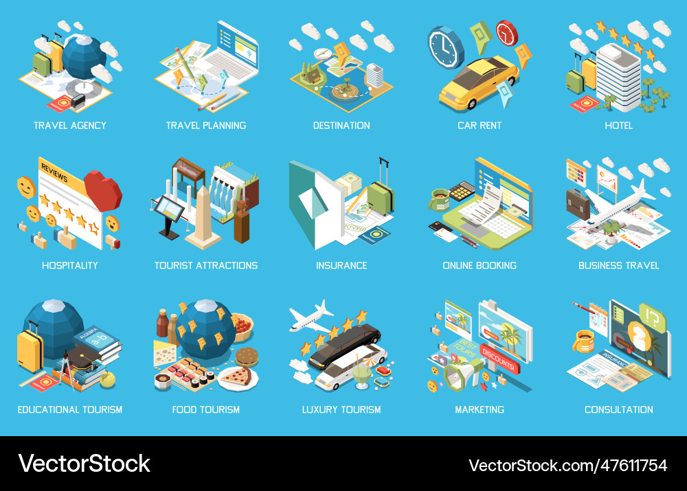 Touristic travel agency isometric concept icon set Touristic travel agency isometric concept icon set vector image