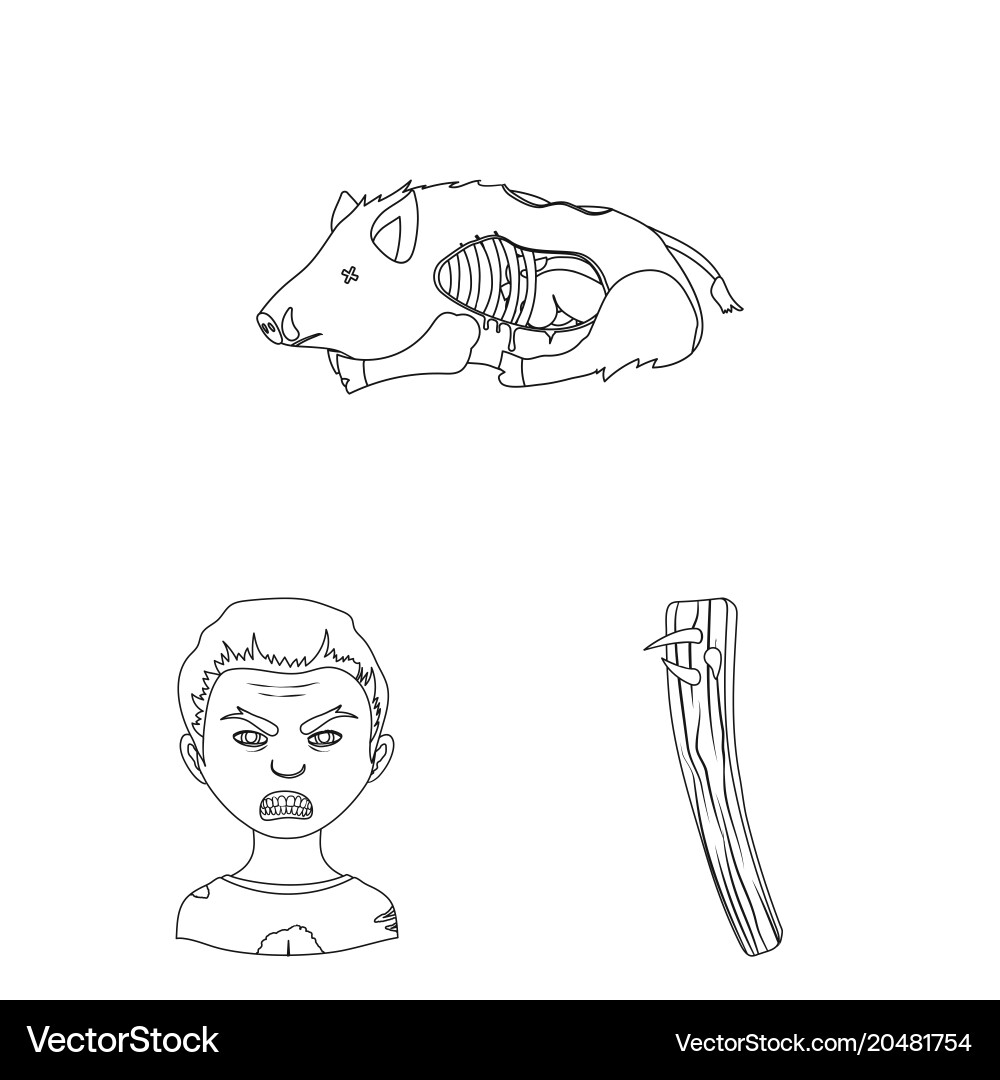 Zombies and attributes outline icons in set Vector Image