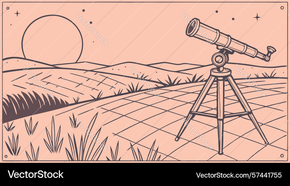 Astronomical telescope in open field under vector image