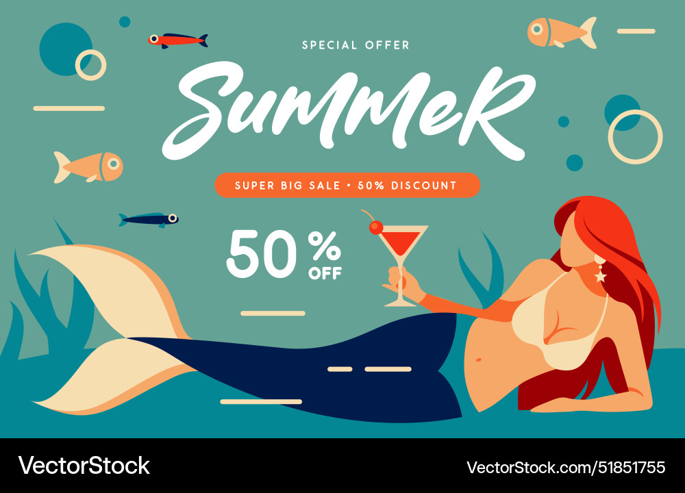 Retro flat summer big sale poster with mermaid Retro flat summer big sale poster with mermaid vector image
