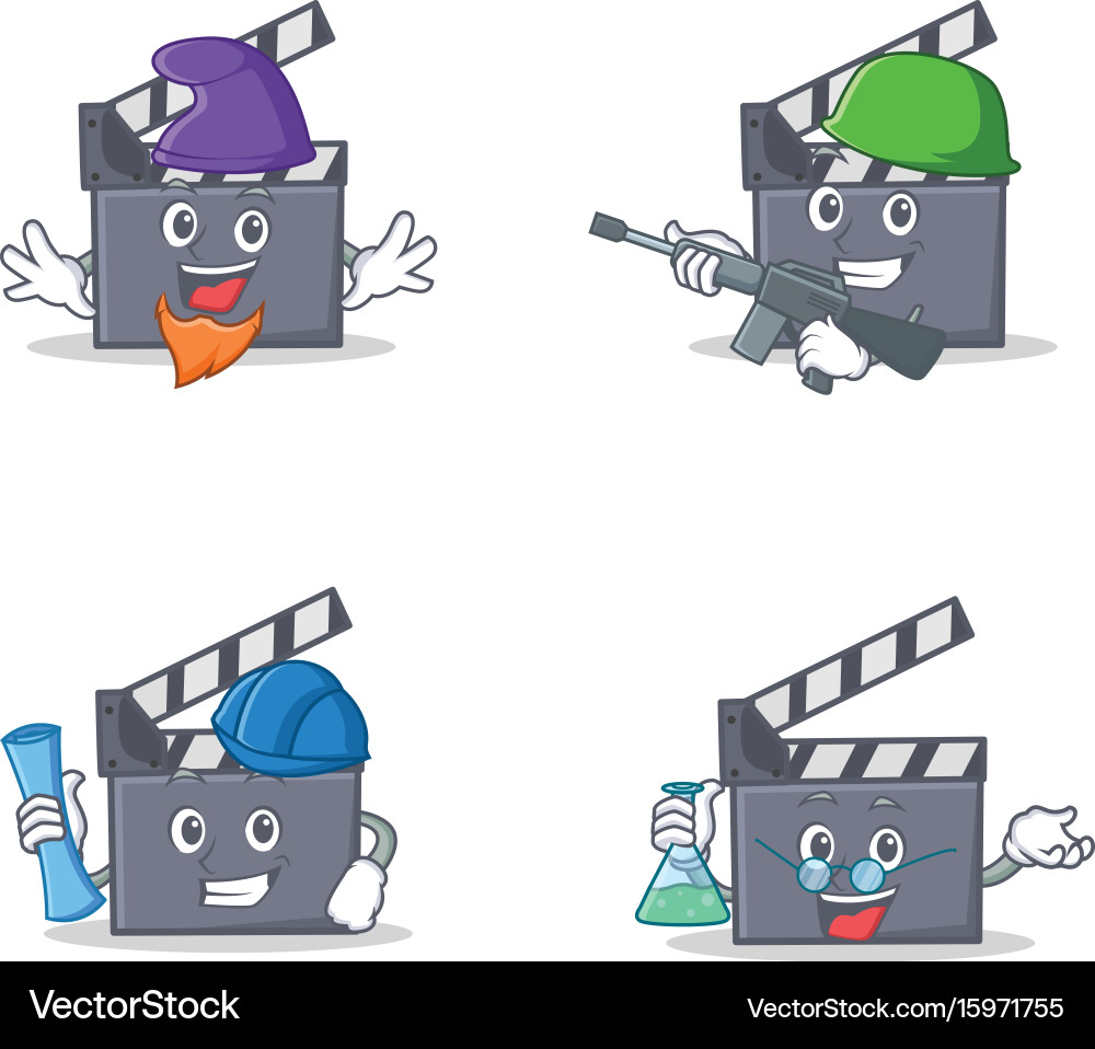Set of movie clapper character with elf army vector image