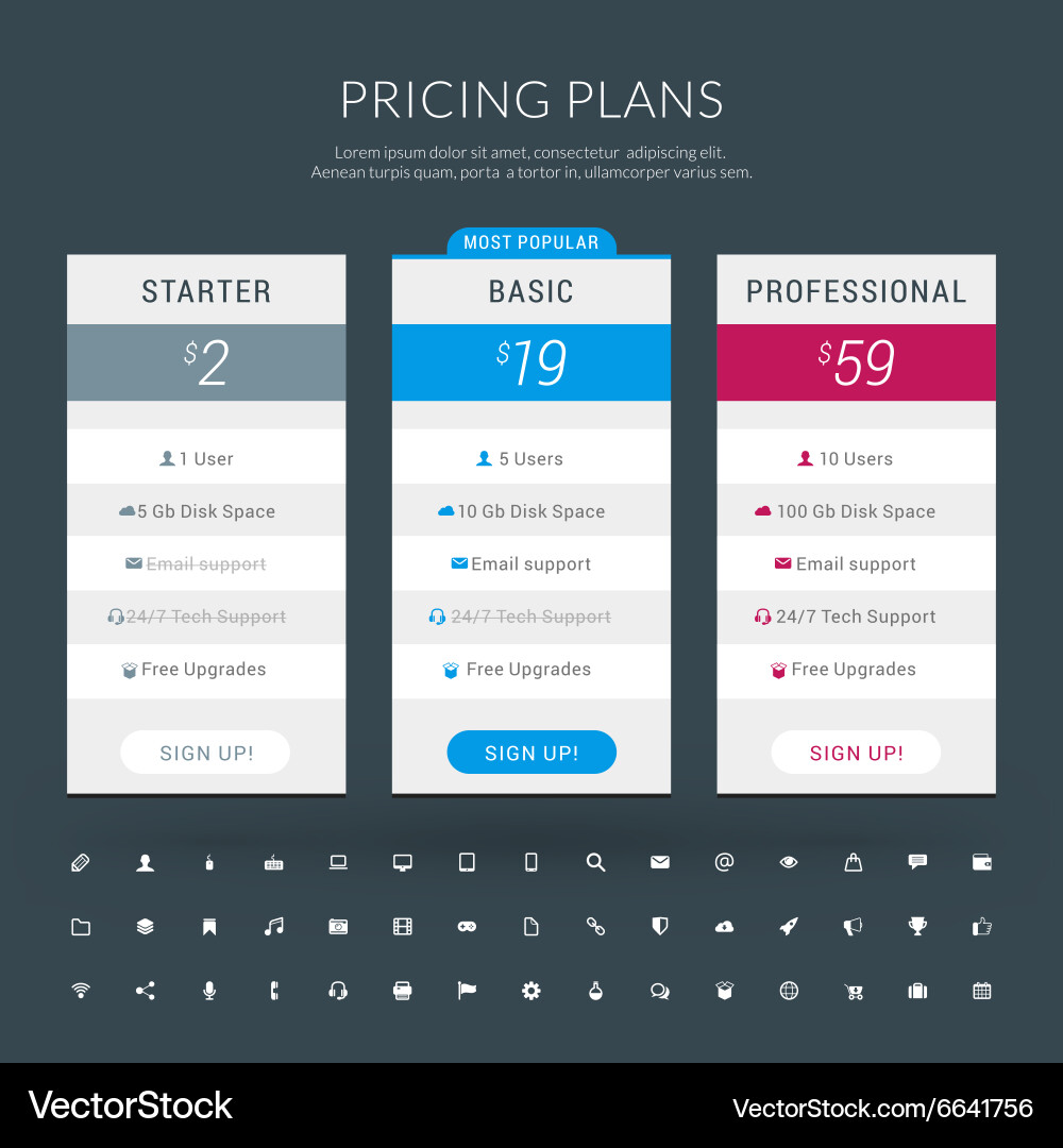 Design template for pricing table with icon set Vector Image