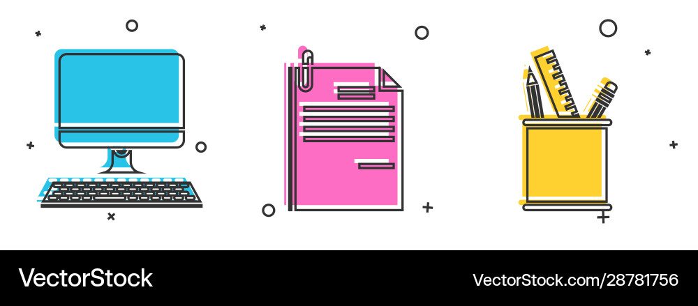 Set computer monitor with keyboard file document Set computer monitor with keyboard file document vector image