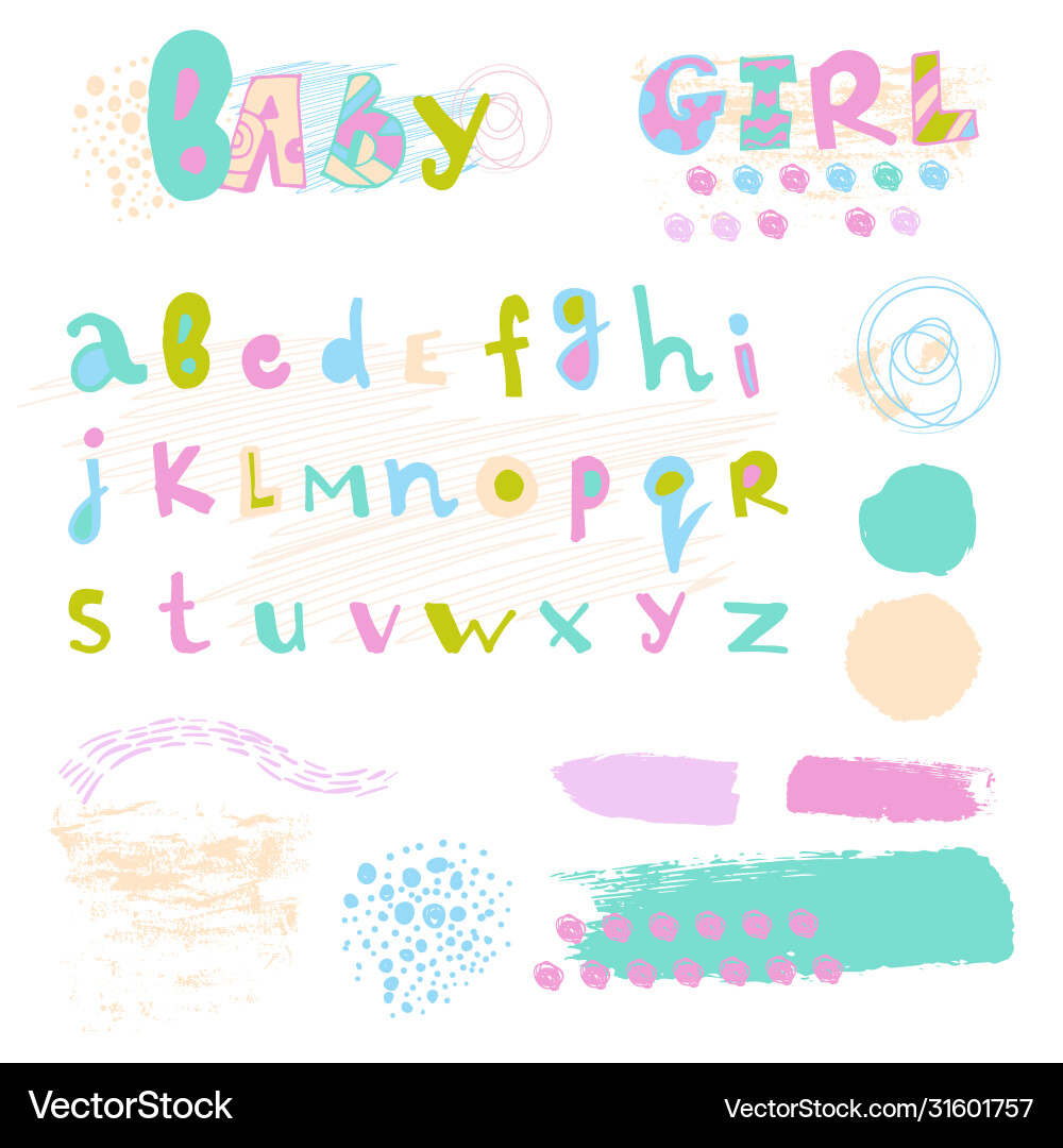 Modern multicolored alphabet and design elements Vector Image