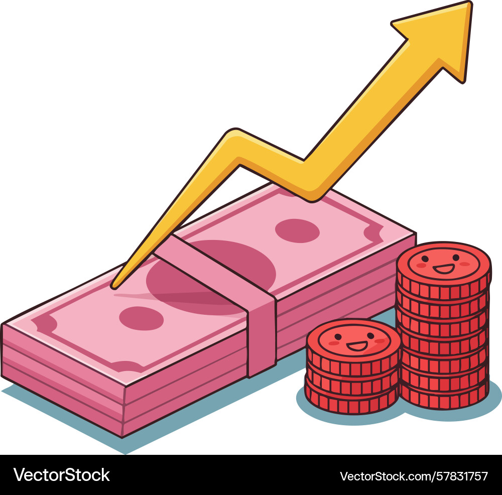 Money stack with smiling coins and rising arrow Money stack with smiling coins and rising arrow Vector Image