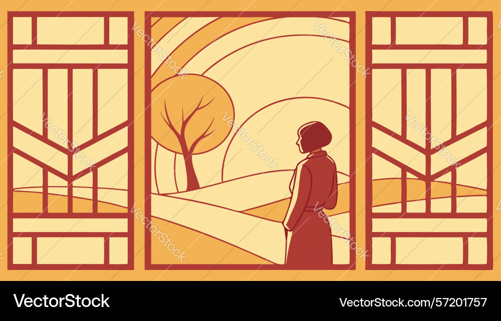 Shared view figures by a window frame generative vector image