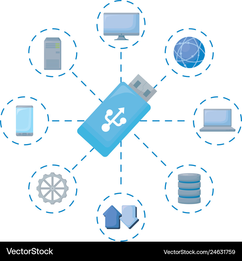 Usb memory data storage with set icons Usb memory data storage with set icons Vector Image